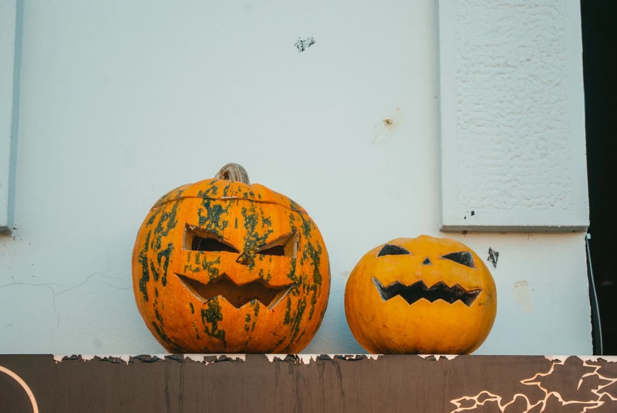 Two decorated Halloween pumpkin heads.
