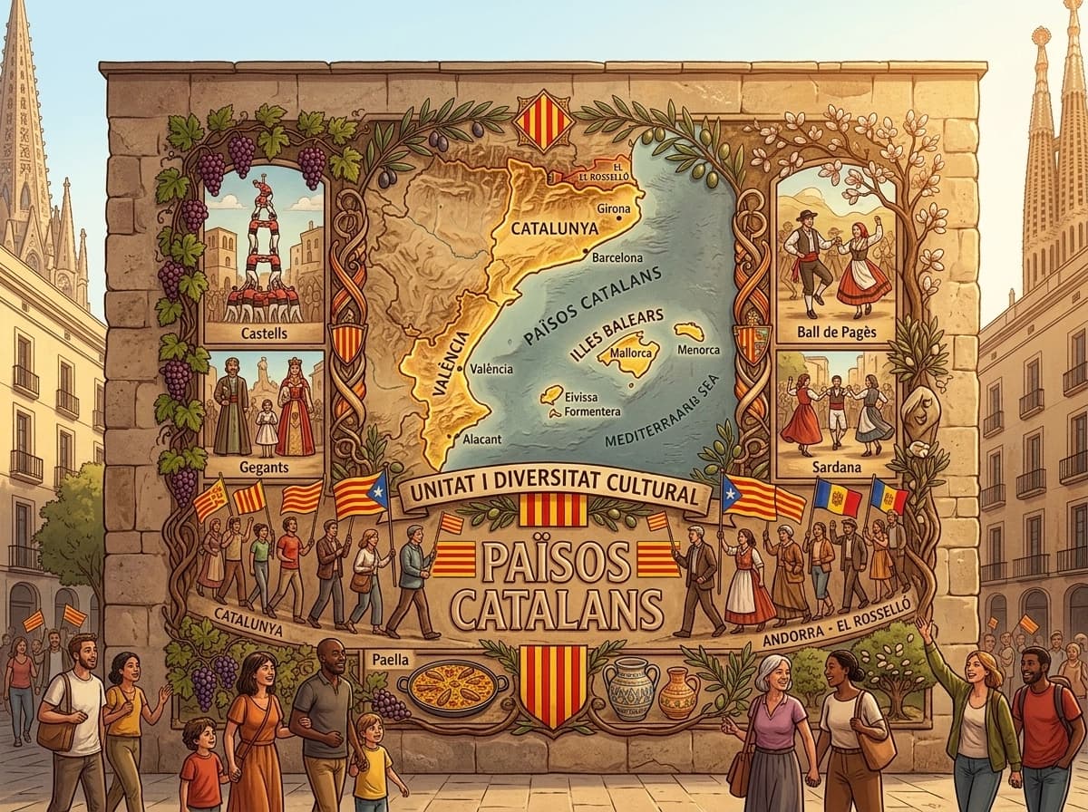 A wall with a map of Catalonia, Valencia, Andorra, the Balearic Islands, and the French region of Roussillon.